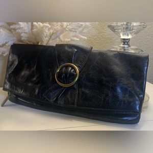 Hobo Internatioal MADELINE Black Leather Fold Over Clutch Magnetic Closure